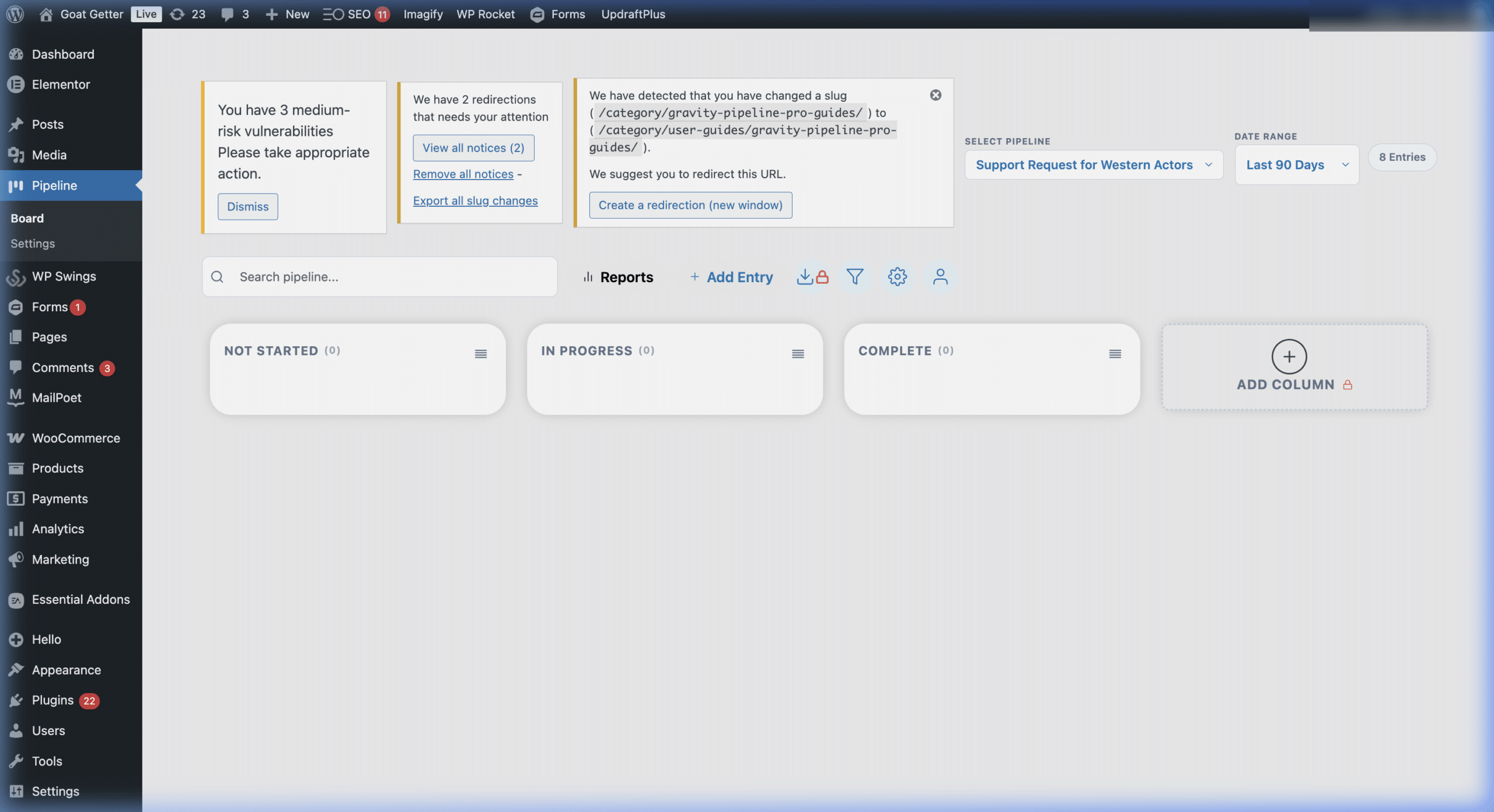 Gravity Pipeline admin board with stages