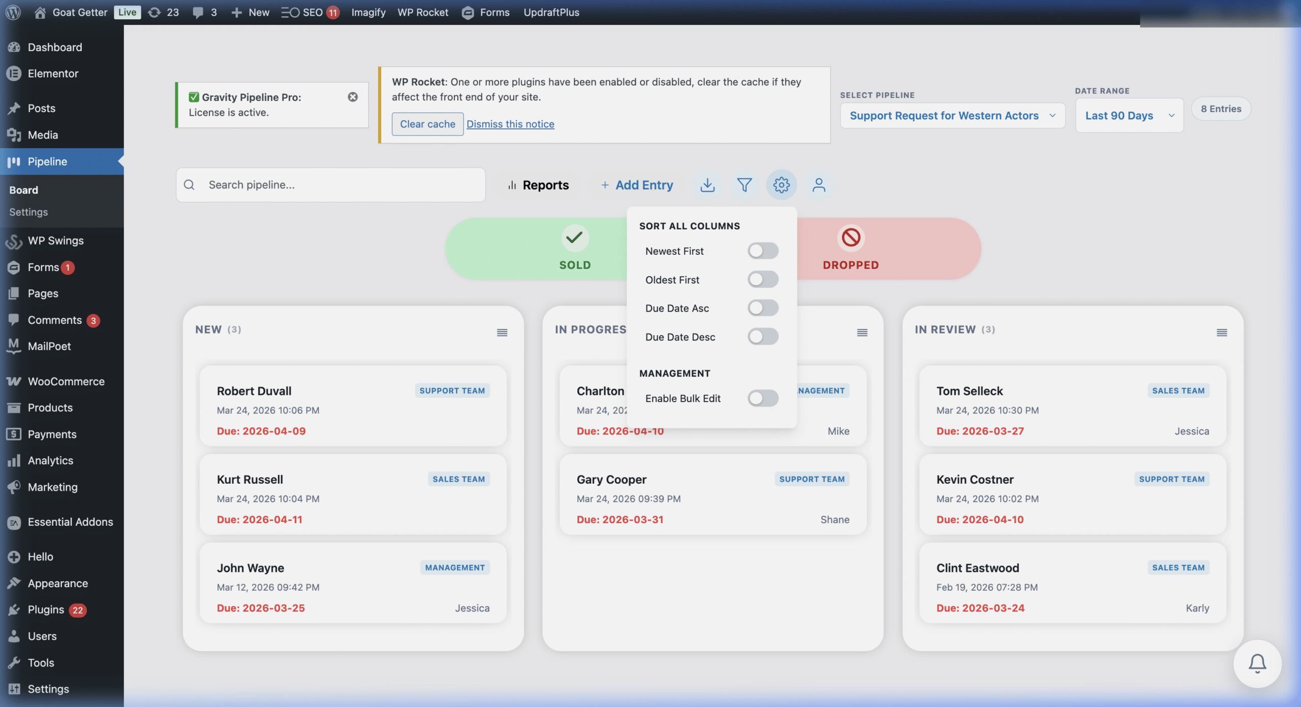 Gravity Pipeline settings with bulk edit option