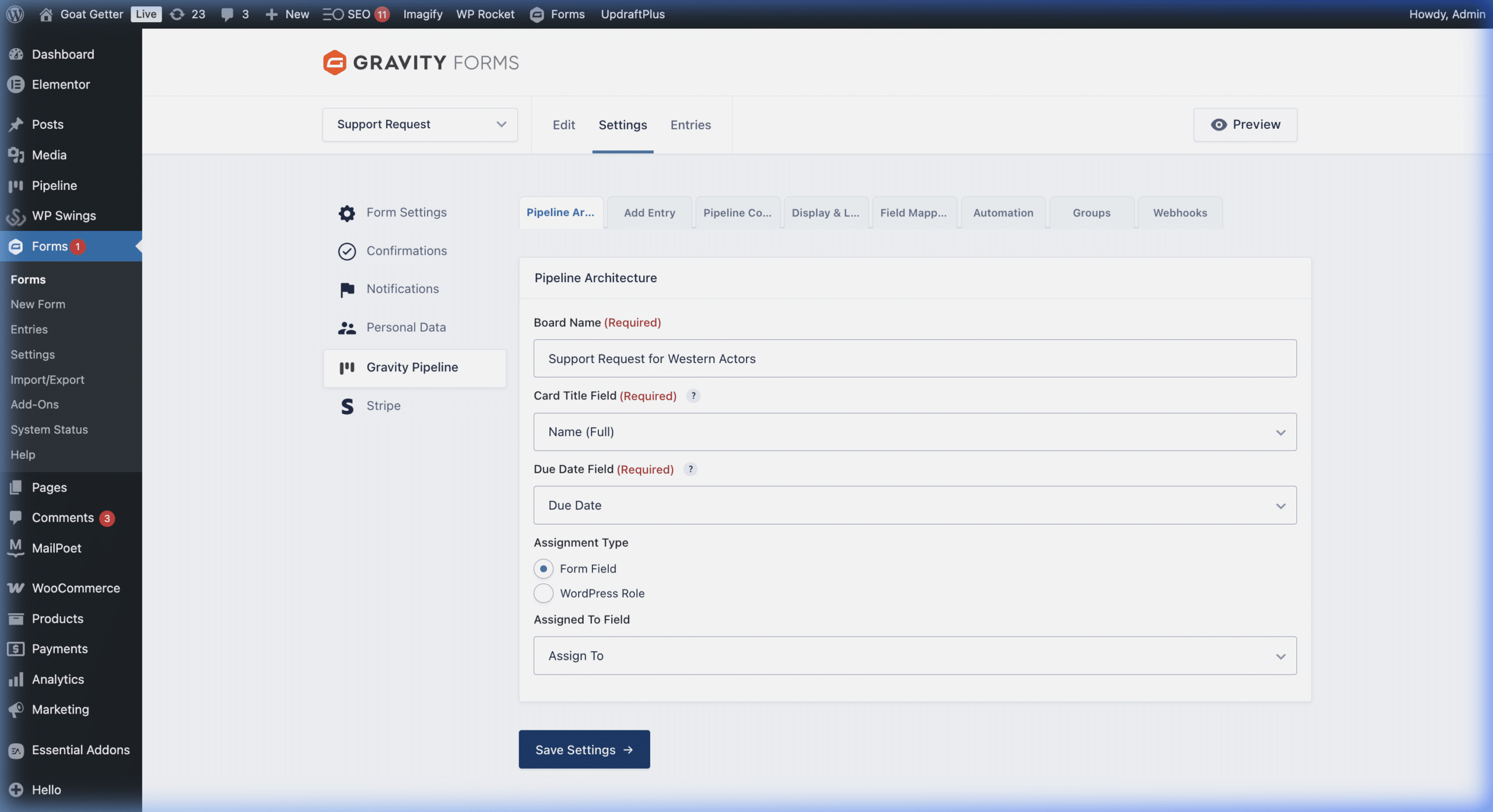 Gravity Pipeline Pro feed settings